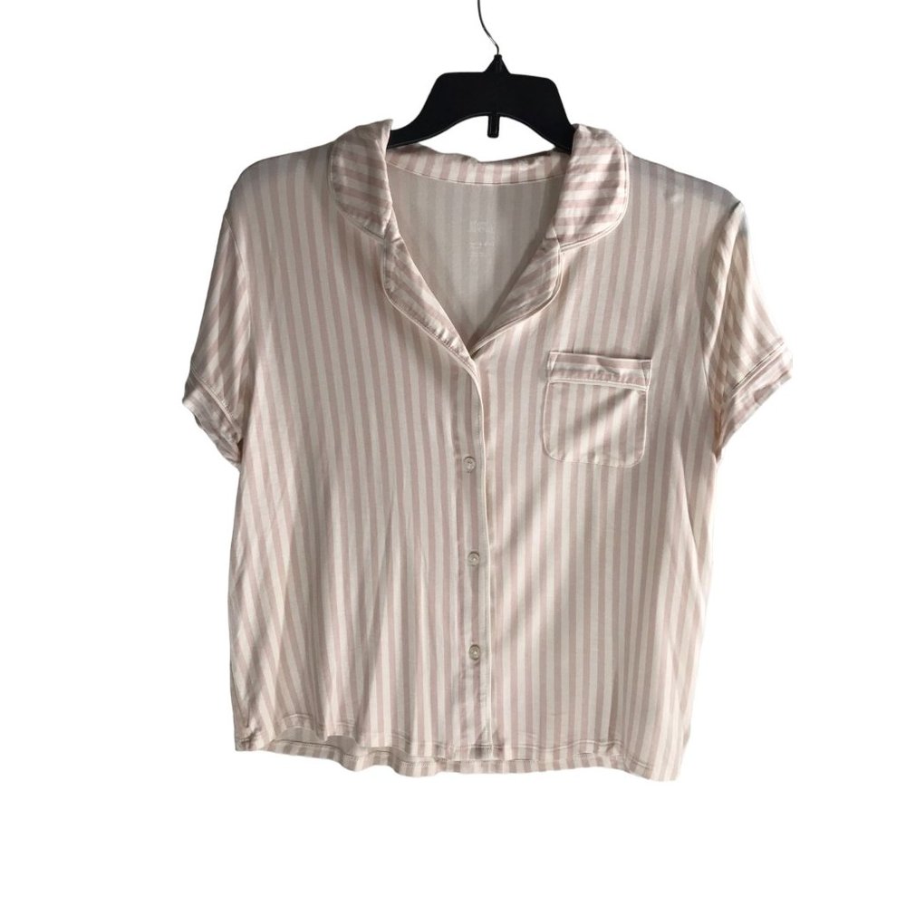 ^ NWT Stars Above Pajama Top Womens Size L Pink White Striped Button Down